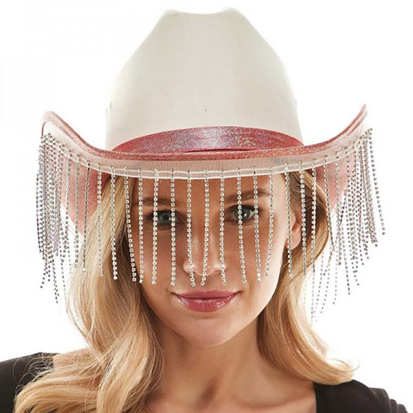 Pink Trendy Rhinestone Fringe Glittered Cowboy Hat, Large comfortable, and perfect for keeping the sun off of your face, neck, and shoulders.  It looks so pretty, bright, & elegant at summer parties & special occasions. Perfect gifts for birthdays, Mother‚Äö√Ñ√¥s Day, anniversaries, Valentine‚Äö√Ñ√¥s Day, or any special occasion.