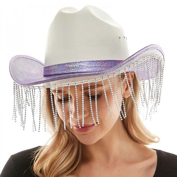 Purple Beautiful Rhinestone Fringe Glittered Cowboy Hat, Large comfortable, and perfect for keeping the sun off of your face, neck, and shoulders. It looks so pretty, bright, and elegant at summer parties and special occasions. Perfect gifts for birthdays, Mother‚Äö√Ñ√¥s Day, anniversaries, Valentine‚Äö√Ñ√¥s Day, or any special occasion.