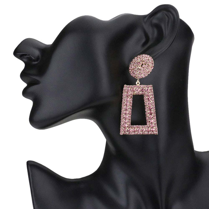 Purple Rhinestone Pave Open Rectangle Dangle Evening Earrings, This gorgeous Pave earring is classic that grasp everyone's eyes in the crowd. These stud earrings are comfortable to wear. Their exquisite shape and shining ornaments make them look more modern and beautiful. Earrings with highly quality making them as a best choice present to your loved ones. Perfectly fit for Christmas, Valentine's Day, Mother's Day, Halloween, Thanksgiving, Birthday gift or any special occasions.