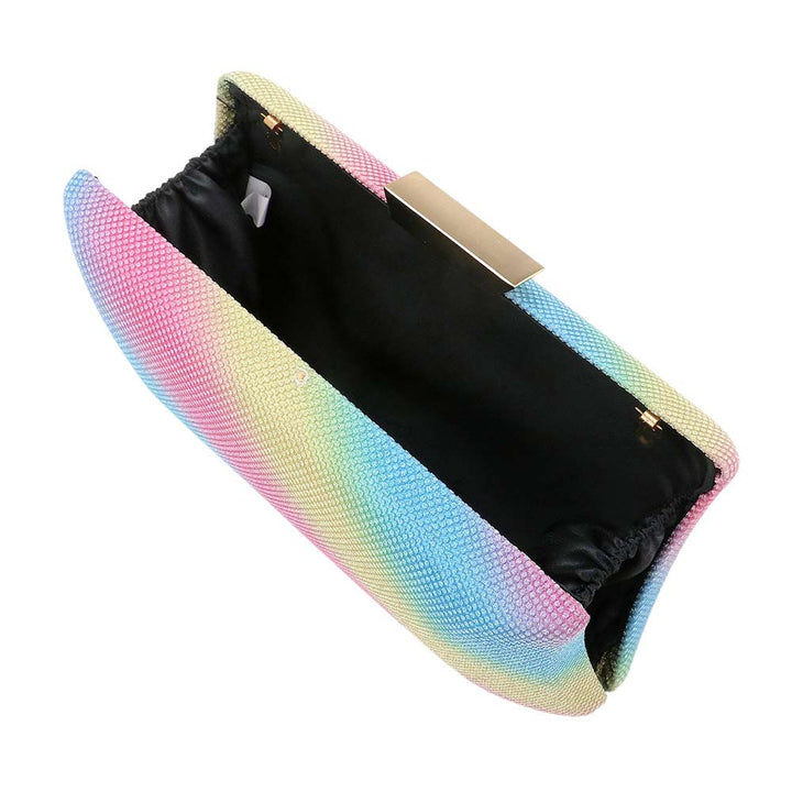 Rainbow Glittered Rectangle Evening Clutch Crossbody Bag adds a touch of glamour to any evening look. Crafted from fine-glittered material, this clutch features a distinctive rectangle shape. The adjustable shoulder strap allows you to effortlessly switch between a clutch and a crossbody bag.