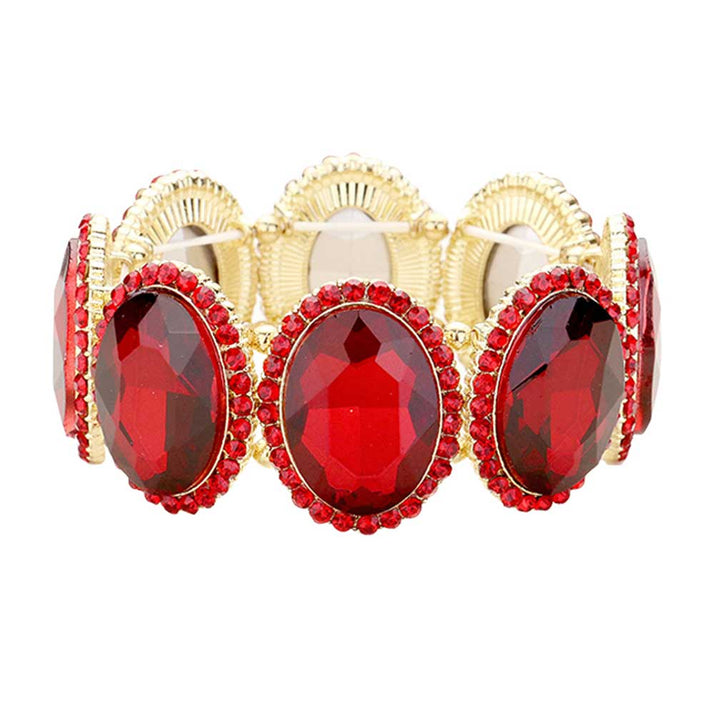 Red Rhinestone Trim Oval Crystal Stretch Evening Bracelet, brings a gorgeous glow to your outfit to show off royalty on any special occasion. It's a perfect beauty that highlights your appearance and grasps everyone's eye on any special occasion. Is a glowing and sparkling beauty that is perfect to show off your glowing look and enrich your beauty to a greater extent. 