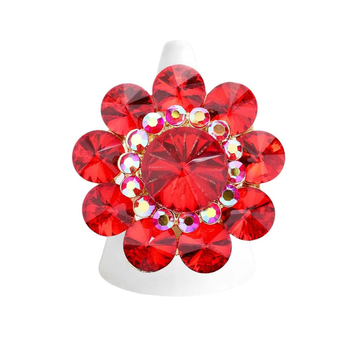 Red Round Crystal Flower Stretch Ring, Provides a classic touch of elegance. Perfect for any special occasion or everyday wear. Perfect gift for Birthdays, Mother's Day, anniversaries, Weddings, Wedding Shower, Graduation, Prom Jewelry, Just Because, Thank you, or any other special occasion.