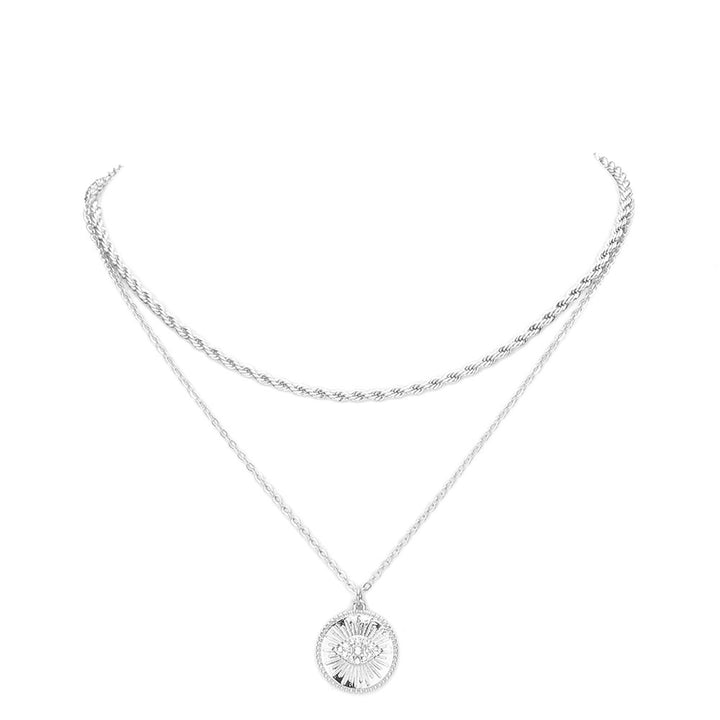 Rhodium Rhinestone Embellished Evil Eye Round Pendant Layered Necklace, Wear together or separate according to your event, versatile enough for wearing straight through the week, perfectly lightweight for all-day wear, coordinate with any ensemble from business casual to everyday wear, the perfect addition to every outfit. 