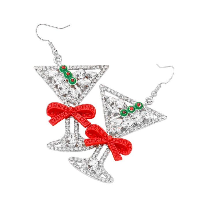 Rhodium Bow Pointed Christmas Cocktail Dangle Earrings, These Earrings feature classic shapes and colors that evoke the festive spirit of the holiday season. Perfect for Christmas parties and special occasions, these earrings offer a unique look with their pointed bows and fruity-themed cocktail charms.