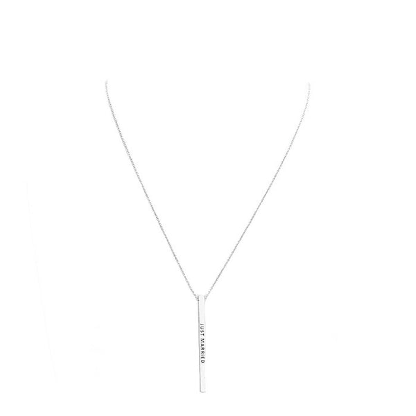 Rhodium Just Married Metal Bar Pendant Necklace. Make a statement with these just married message Necklace, very easy to put on, take off and so comfortable for daily wear. Pair these with tee and jeans and you are good to go. It will be your new favorite go-to accessory. Perfect Birthday gift, friendship day, Mother's Day, Graduation Gift.