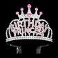 Rhodium-Pin Rhinestone Tiara features a pointed design adorned with sparkling rhinestones and a "BIRTHDAY PRINCESS" message. Perfect for birthday celebrations, this tiara adds a touch of elegance and royalty to any outfit. Make a statement at your next birthday event with this stunning tiara.