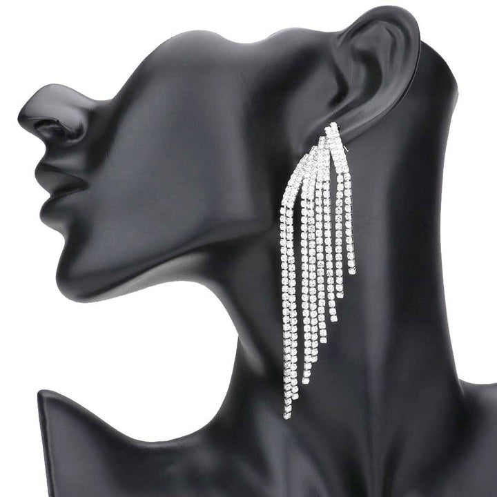 Rhodium Rhinestone Fringe Dangle Evening Earrings. These earrings Look as regal on the outside as you feel on the inside, feel absolutely flawless. Fabulous fashion and sleek style adds a pop of pretty color to your attire, coordinate with any ensemble from business casual to everyday wear.  Perfect Birthday Gift, Anniversary Gift, Mother's Day Gift, Thank you Gift.