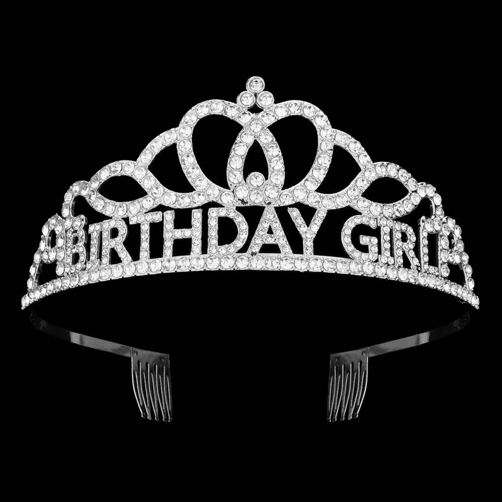 Rhodium-Rhinestone Paved Princess Tiara features a BIRTHDAY GIRL message, perfect for any special occasion. The sparkling rhinestones add an elegant touch, making you feel like a true princess on your special day. Elevate your look and celebrate in style with this stunning tiara.