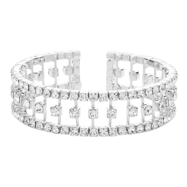 Rhodium Trendy Brass Metal Rhinestone Cuff Evening Bracelet, get ready with this rhinestone bracelet to receive the best compliments on any special occasion. Put on a pop of color to complete your ensemble and make you stand out on special occasions. Awesome gift for anniversaries, Valentine‚Äö√Ñ√¥s Day, or any special occasion.