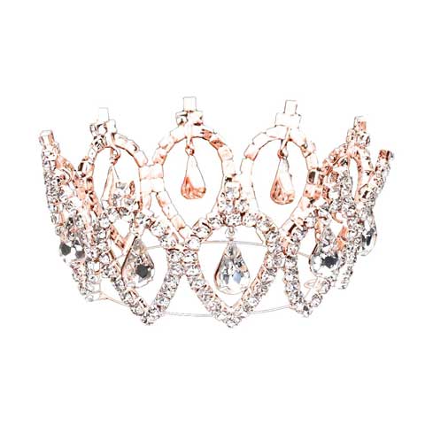 Rose Gold Pave Crystal Rhinestone Teardrop Dangle Mini Crown Tiara. Perfect for adding just the right amount of shimmer & shine, will add a touch of class, beauty and style to your wedding, prom, special events, embellished glass crystal to keep your hair sparkling all day & all night long.