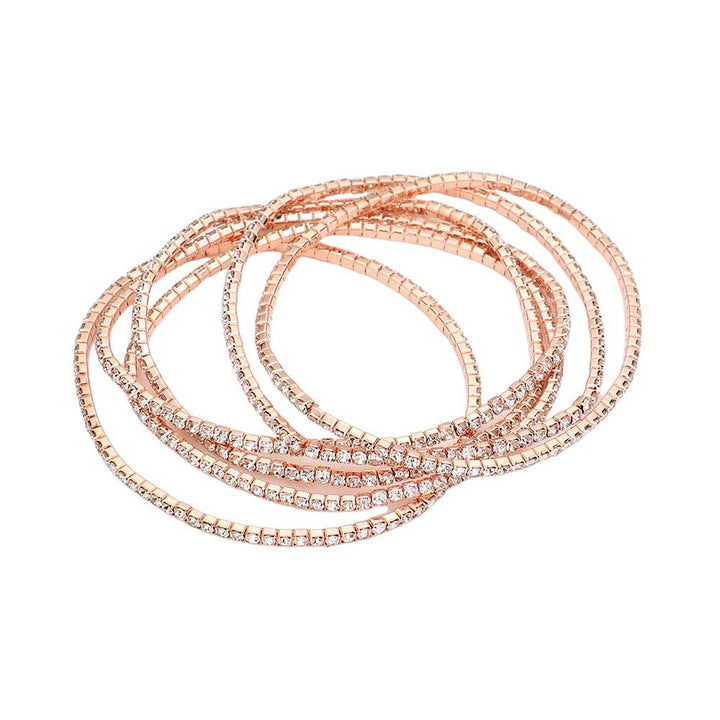 Rose Gold 6PCS - Rhinestone Multi Layered Stretch Evening Bracelets, Perfect for a formal event or adding some glam to your everyday look. The sparkling rhinestones will catch the light and make you shine! Get ready to turn heads and feel confident with each wear. The ideal choice for making a lovely gift to your loved ones.