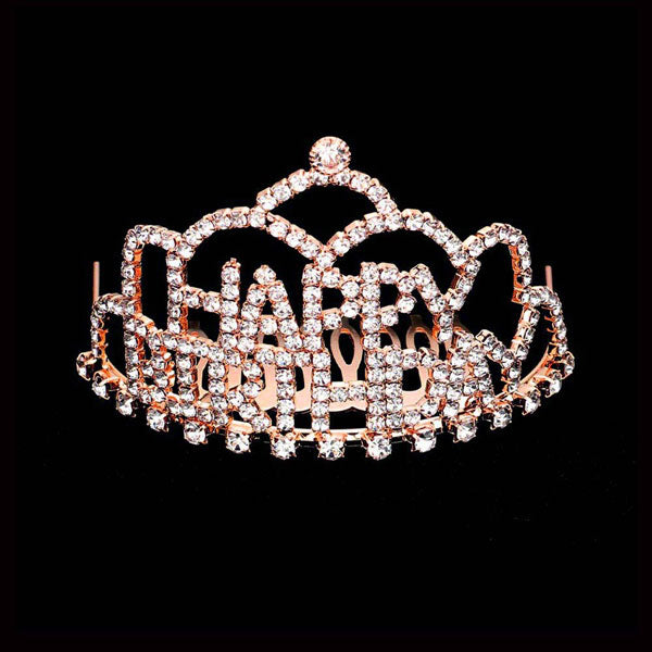 Rose Gold Crystal Rhinestone Happy Birthday Mini Party Tiara. Turn any cake into a royal treat for your daughter's princess themed birthday party with this Tiara. Ideal for dolling up the guest of honor on her special day, this party tiara also makes a fun cake decoration. Add it to a gift for the birthday girl or lay it at her place setting to be donned right before she blows out the candles on her birthday cake.