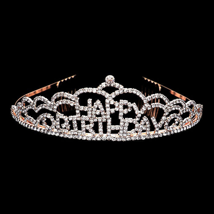 Rose Gold Crystal Rhinestone Happy Birthday Party Tiara. this crystal rhinestone tiara is a classic royal tiara made from gorgeous rhinestone that reveals the epitome of elegance and birthday luxury, and grace. This unique Hair Jewelry is suitable for birthdays. to add a luxe, attraction, and a perfect touch of class. It's a very exquisite gift for the birthday girl that will bring a smile of joy to her.