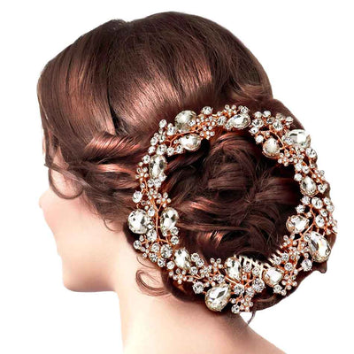 Rose Gold Floral Pave Glass Crystal Hair Comb, Crystal Flower Detailed Glass Pave Accented Statement Hair Comb, Perfect for adding just the right amount of shimmer & shine, will add a touch of class, beauty and style to your wedding, prom, special events, embellished glass crystal to keep your hair sparkling all day & all night long.