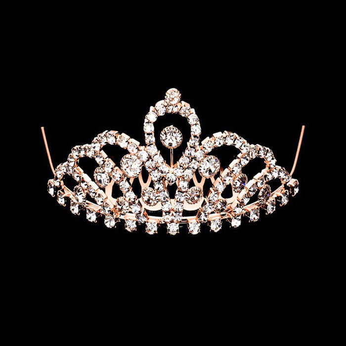 Rose Gold Mini Crystal Rhinestone Pave Princess Tiara, this crystal rhinestone tiara is a classic royal tiara made from gorgeous rhinestone that reveals the epitome of elegance and bridal luxury, and grace. This unique Hair Jewelry is suitable for any special occasion such as weddings, engagements, proms, evenings, It is the perfect compliment that will make your whole wedding dress look come to life. Show your royalty with this Princess Tiara.