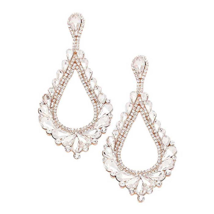 Rose Gold Oversized Cut Out Style Cluster Vine Accented Teardrop Statement Dangle Evening Earrings Marquise Special Occasion Earrings; ideal for parties, weddings, graduation, prom, quinceanera, holidays, pair these stud back earrings with any ensemble for a polished look. These earrings pair perfectly with any ensemble from business casual, to night out on the town or a black tie party