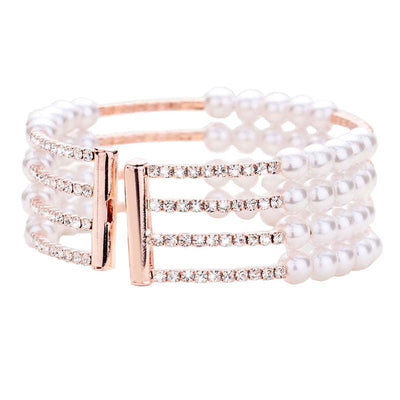 Rose Gold Pearl Crystal Rhinestone Statement Cuff Evening Bracelet; Look as regal on the outside as you feel on the inside, feel absolutely flawless. Fabulous fashion and sleek style adds a pop of pretty color to your attire, coordinate with any ensemble from business casual to everyday wear