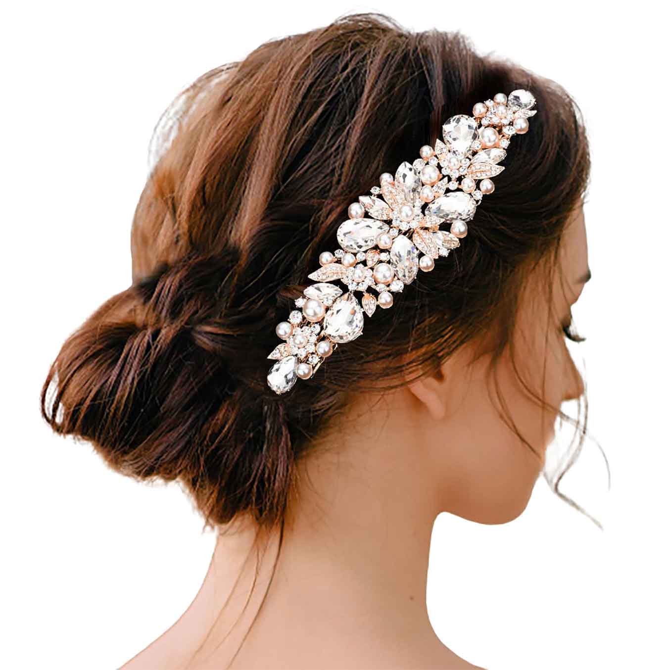 Rose Gold Pearl Multi Stone Embellished Flower Leaf Hair Comb, Perfect for adding just the right amount of shimmer & shine, will add a touch of class, beauty and style to your wedding, prom, special events, embellished pearl stone to keep your hair sparkling all day & all night long. The elegant design will enhance your beauty, attracting everyone's attention and transforming you into a bright star to wear with this hair comb.