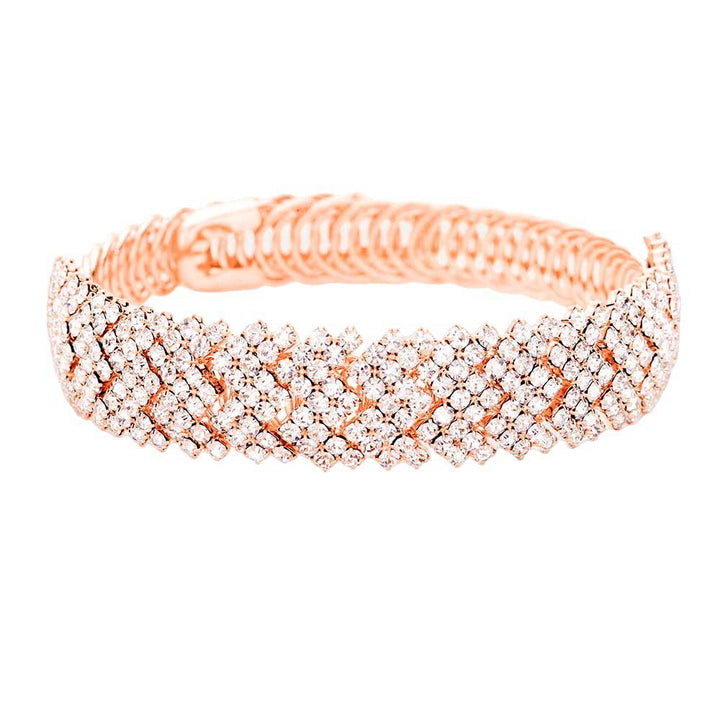 Rose Gold Rhinestone Pave Adjustable Evening Bracelet, this chick bracelet features a classic design with sparkling rhinestone pave, perfect for formal occasions. The adjustable band allows for the perfect fit and can be easily adjusted for a comfortable wear. An elegant addition to any formal wardrobe.