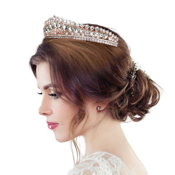 Rose Gold Teardrop Stone Cluster Princess Tiara. Perfect for adding just the right amount of shimmer & shine, will add a touch of class, beauty and style to your special events, embellished glass Stone to keep your hair sparkling all day & all night long. Perfect Gift for every women.