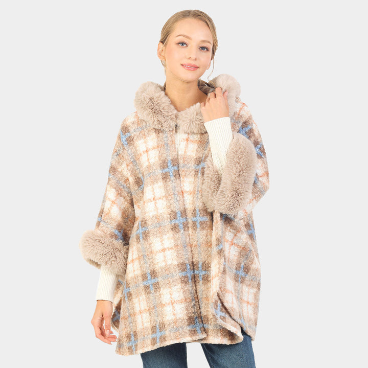 Beige, Blue Soft Checker Pattern Hoodie Cape with Faux Fur