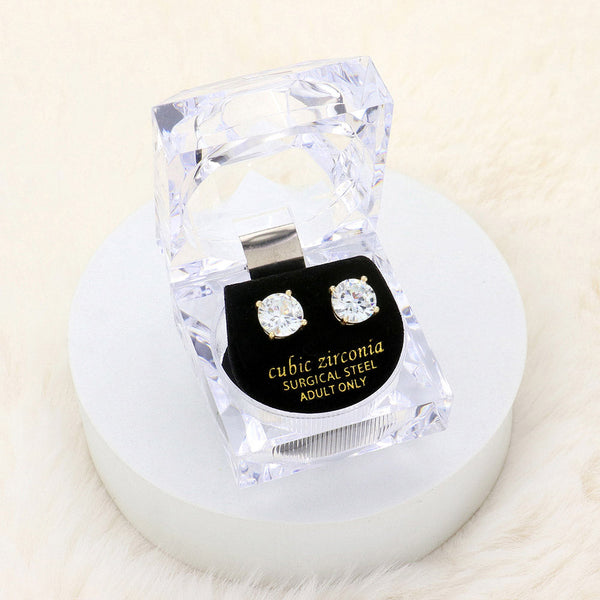 9mm Round Crystal Cubic Zirconia Stud Earrings in Clear Gift Box - Ready to Gift