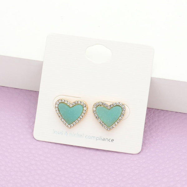 Rhinestone Trimmed Druzy Heart Stud Earrings