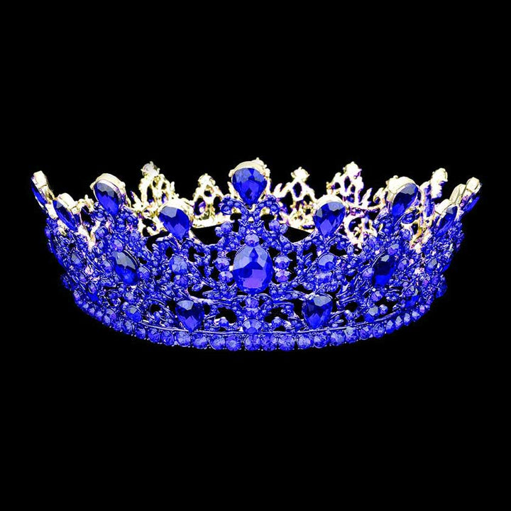 Sapphire Gold Round Teardrop Stone Accented Princess Tiara, This princess tiara is a classic royal tiara made from gorgeous stone accented is the epitome of elegance. Exquisite design with stunning color and brightness makes you more eye-catching in the crowd and will make you more charming and pretty without fail.