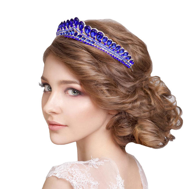 Sapphire Teardrop Cluster Detailed Princess Tiara. Perfect for adding just the right amount of shimmer & shine, will add a touch of class, beauty and style to your wedding, prom, special events, embellished glass crystal to keep your hair sparkling all day & all night long.