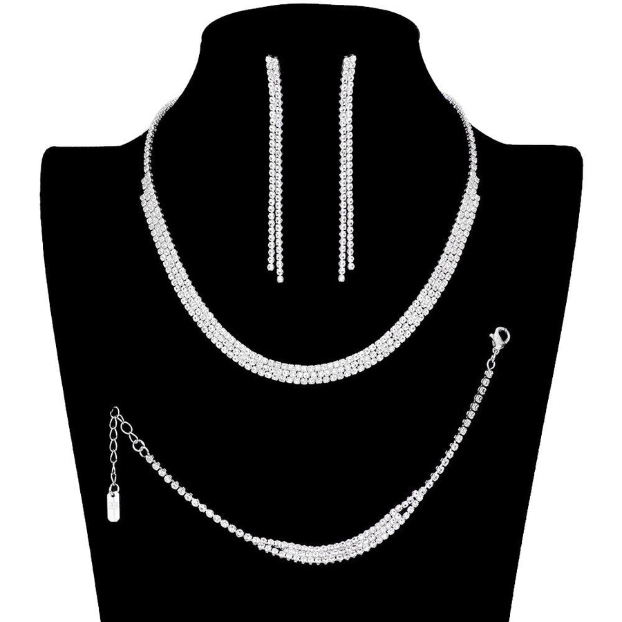 Gold 3PCS Rhinestone Crystal Fringe Necklace Jewelry Set. These gorgeous Rhinestone pieces will show your class on any special occasion. The elegance of these rhinestones goes unmatched, great for wearing at a party! Perfect for adding just the right amount of glamour and sophistication to important occasions. These classy fringe themed necklaces are perfect for parties, Weddings, and Evenings. Awesome gift for birthdays, anniversaries, Valentine’s Day, or any special occasion.