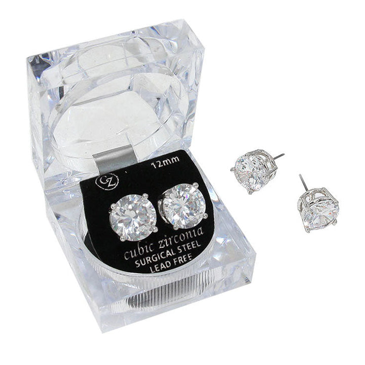 Silver 12 mm Round Cut Crystal Cubic Zirconia CZ Stud Earrings with Clear Box. Look like the ultimate fashionista with these Earrings! Add something special to your outfit this Valentine! special It will be your new favorite accessory. Perfect Birthday Gift, Anniversary Gift, Mother's Day Gift, Graduation Gift, Valentine's Day Gift.