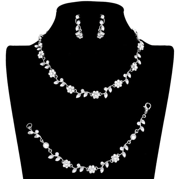 Silver 3PCS Flower Leaf Cluster Rhinestone Necklace Jewelry Set, These gorgeous Rhinestone pieces will show your class on any special occasion. The elegance of these rhinestones goes unmatched. Get ready with these bright stunning fashion Jewelry sets, and put on a pop of shine to complete your ensemble. Simple sophistication gives a lovely fashionable glow to any outfit style. Simple sophistication, dazzling polished, is a timeless beauty that makes a notable addition to your collection.