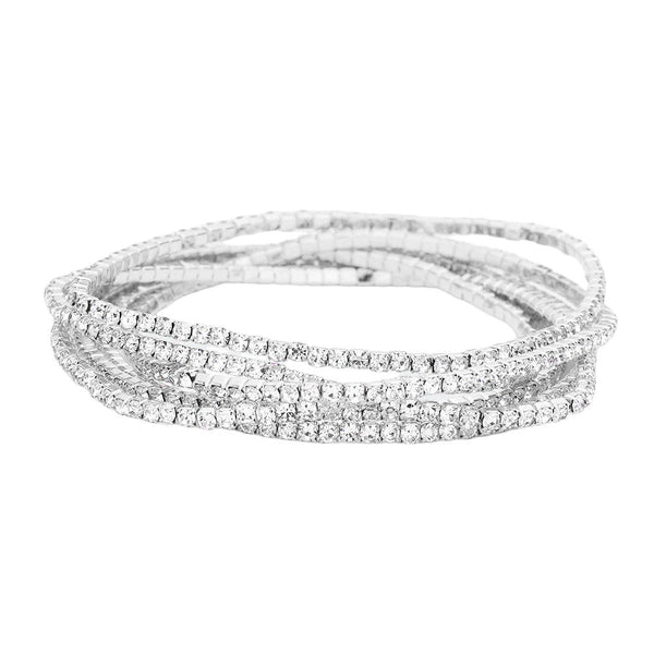 Silver 6PCS - Rhinestone Multi Layered Stretch Evening Bracelets, Perfect for a formal event or adding some glam to your everyday look. The sparkling rhinestones will catch the light and make you shine! Get ready to turn heads and feel confident with each wear. The ideal choice for making a lovely gift to your loved ones.