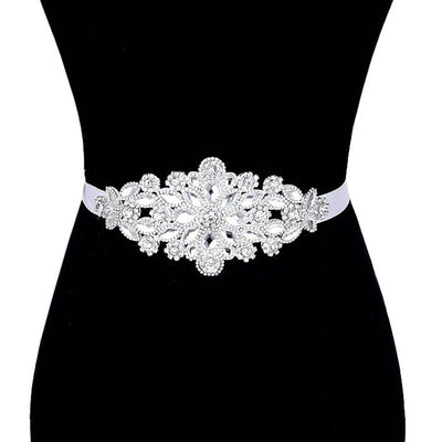 Silver Crystal Pave Sash Ribbon Bridal Wedding Belt Headband, adding an exquisite detail to your wedding dress or tie it on your hair for a glamorous, beautiful self tie headband elevating your hairstyle on your super special day. Applique is placed delicately on white organza ribbon, long enough to fit comfortably around your waist. This sash will pair beautifully with your dress for elegant presentation.