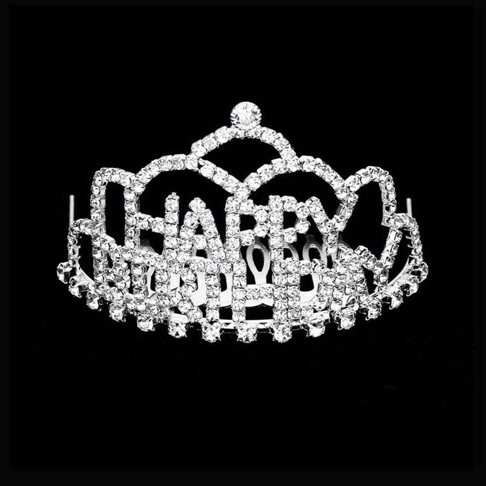 Silver Crystal Rhinestone Happy Birthday Mini Party Tiara. Turn any cake into a royal treat for your daughter's princess themed birthday party with this Tiara. Ideal for dolling up the guest of honor on her special day, this party tiara also makes a fun cake decoration. Add it to a gift for the birthday girl or lay it at her place setting to be donned right before she blows out the candles on her birthday cake.