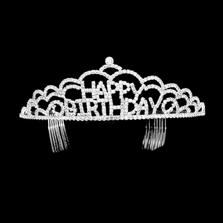 Silver Crystal Rhinestone Happy Birthday Party Tiara. this crystal rhinestone tiara is a classic royal tiara made from gorgeous rhinestone that reveals the epitome of elegance and birthday luxury, and grace. This unique Hair Jewelry is suitable for birthdays. to add a luxe, attraction, and a perfect touch of class. It's a very exquisite gift for the birthday girl that will bring a smile of joy to her.