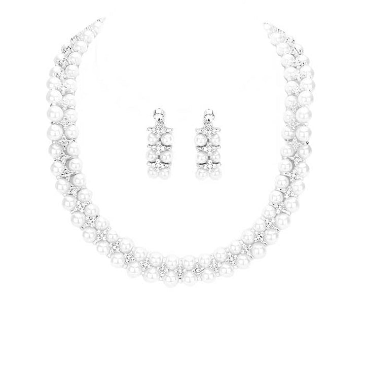 Silver Crystal Rhinestone Pearl Cluster Bib Necklace. Beautifully crafted design adds a gorgeous glow to any outfit. Jewelry that fits your lifestyle! Perfect Birthday Gift, Anniversary Gift, Mother's Day Gift, Graduation Gift, Prom Jewelry, Just Because Gift, Thank you Gift for a woman or girl of any age.