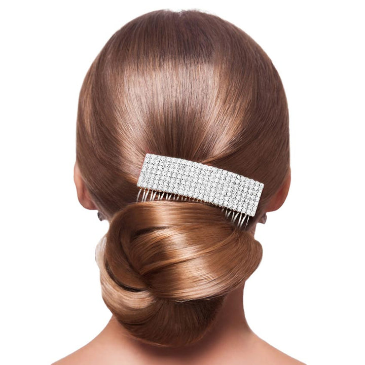 Silver Embellished Rhinestone Pave Hair Comb, amps up your hairstyle with a glamorous look as you are with this Rhinestone Pave hair comb! Add spectacular sparkle into your hair that brightens your moments with joy. Perfect for adding just the right amount of shimmer & shine. It will add a touch of class, beauty, and style to your wedding, prom, and special events. It is made of embellished stone to keep your hair sparkling all day & all night long with the perfect gorgeousness.