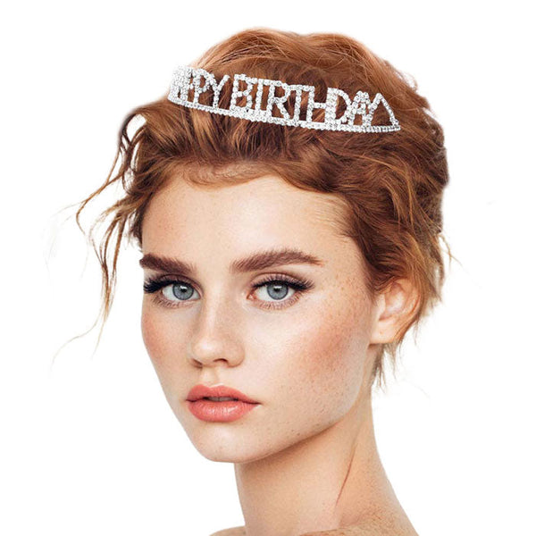 Silver Happy Birthday Rhinestone Pave Party Tiara. Turn any cake into a royal treat for your daughter's princess themed birthday party with this Tiara. Ideal for dolling up the guest of honor on her special day, this party tiara also makes a fun cake decoration. Add it to a gift for the birthday girl or lay it at her place setting to be donned right before she blows out the candles on her birthday cake.