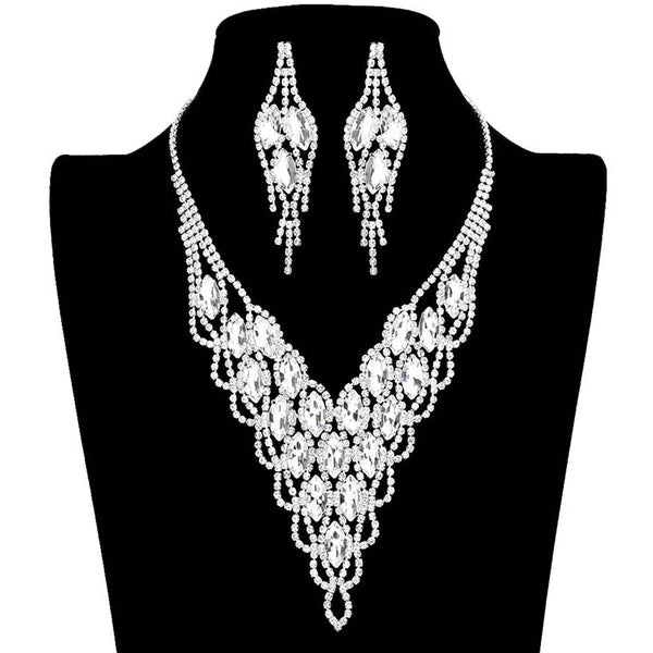 Silver Marquise Stone Accented Rhinestone Necklace, These gorgeous stone-accented jewelry sets will show your perfect beauty & class on any special occasion. The elegance of these stones goes unmatched. Great for wearing at a party! Perfect for adding just the right amount of glamour and sophistication to important occasions.
