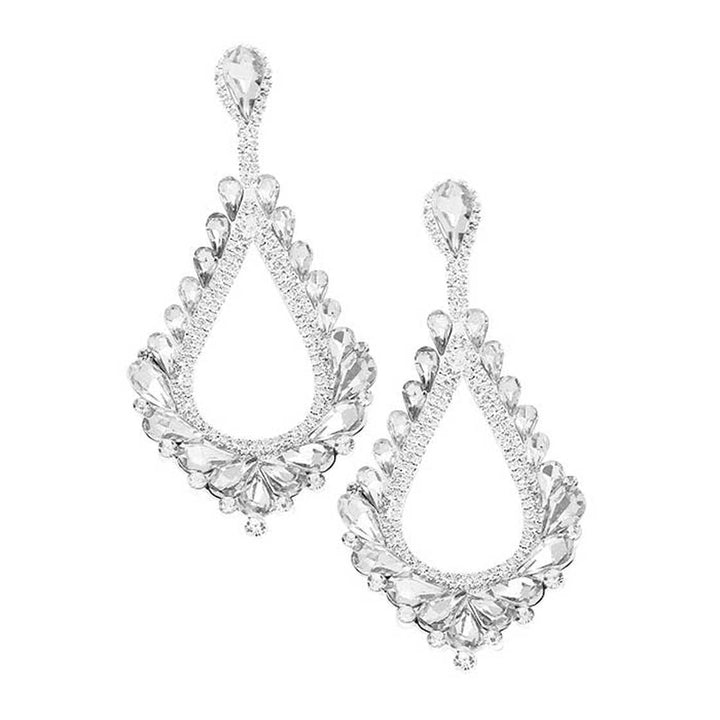 Silver Oversized Cut Out Style Cluster Vine Accented Teardrop Statement Dangle Evening Earrings Marquise Special Occasion Earrings; ideal for parties, weddings, graduation, prom, quinceanera, holidays, pair these stud back earrings with any ensemble for a polished look. These earrings pair perfectly with any ensemble from business casual, to night out on the town or a black tie party