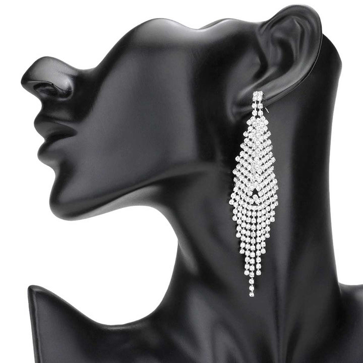 Silver Pave Crystal Rhinestone Fringe Evening Earrings, These gorgeous Crystal Rhinestone pieces will show your class on any special occasion. Eye-catching sparkle, the sophisticated look you have been craving for! This Earrings sparkles all around with its surrounding Crystal. This Earrings is easy to put on, and take off.