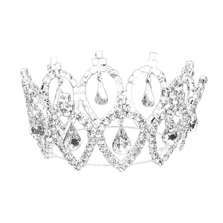 Silver Pave Crystal Rhinestone Teardrop Dangle Mini Crown Tiara. Perfect for adding just the right amount of shimmer & shine, will add a touch of class, beauty and style to your wedding, prom, special events, embellished glass crystal to keep your hair sparkling all day & all night long.