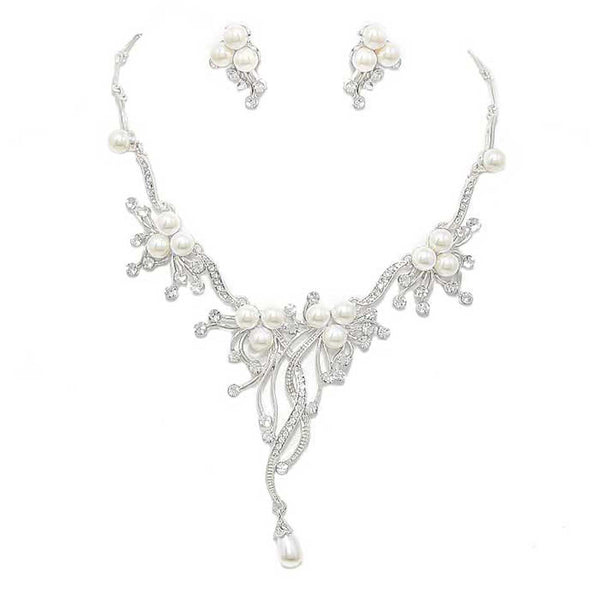 Silver Pearl Accented Floral Rhinestone Necklace. Get ready with these pearl necklace, put on a pop of shine to complete your ensemble. Perfect for adding just the right amount of shimmer and a touch of class to special events. These classy necklaces are perfect for Party, Wedding and Evening. Awesome gift for birthday, Anniversary, Valentine‚Äôs Day or any special occasion.