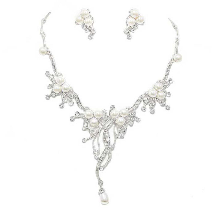 Silver Pearl Accented Floral Rhinestone Necklace. Get ready with these pearl necklace, put on a pop of shine to complete your ensemble. Perfect for adding just the right amount of shimmer and a touch of class to special events. These classy necklaces are perfect for Party, Wedding and Evening. Awesome gift for birthday, Anniversary, Valentine‚Äôs Day or any special occasion.