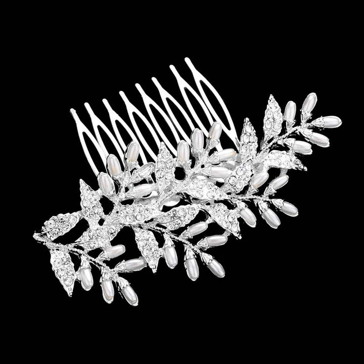 Silver Pearl Rhinestone Embellished Leaf Cluster Hair Comb, amps up your hairstyle with a glamorous look on special occasions with this Pearl Pearl Rhinestone Embellished Leaf Cluster Hair Comb! Perfect for adding just the right amount of shimmer & shine. These are Perfect Birthday, Anniversary Gifts, and Graduation Gifts.