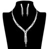 Silver Rectangle Stone Accented Rhinestone Fringe Tip Jewelry Set, perfect for adding a touch of elegance to any special occasion outfit. Featuring a beautiful rectangle stone accent, this necklace and earring set will be a unique addition to any jewelry collection. Perfect gift choice for loved ones on any special day.