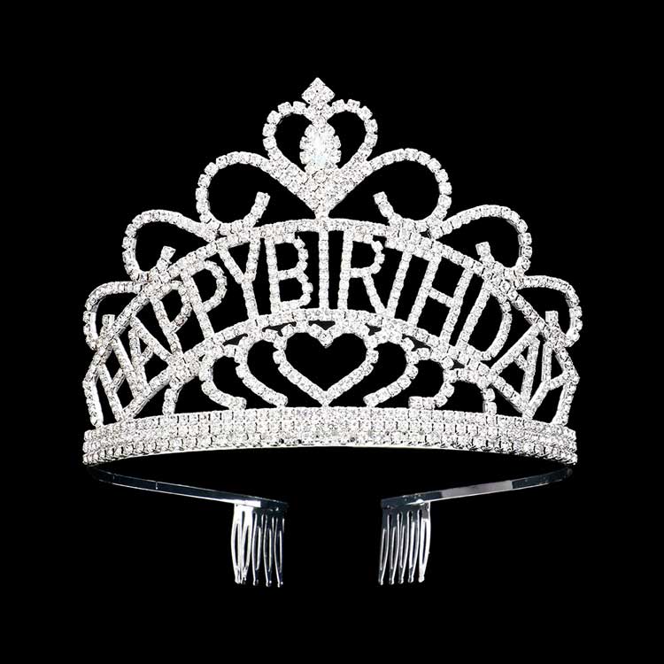 Silver-Rhinestone Paved HAPPY BIRTHDAY Message Princess Tiara is perfect for adding an elegant touch to any birthday celebration. With sparkling rhinestones and a gleaming "HAPPY BIRTHDAY" message,this tiara is sure to make the wearer feel like royalty on their special day.This tiara makes every special occasion unforgettable