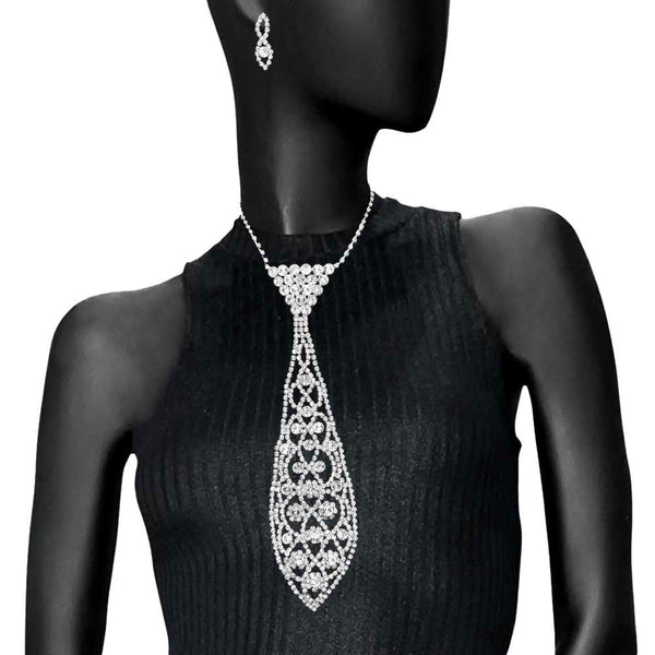 Silver Round Stone Accented Rhinestone Necktie Necklace. Stunning rhinestone necktie necklace set will sparkle all night long making you shine like a diamond. Perfect for adding just the right amount of shimmer & shine and a touch of class to special events. Suitable for a night out on the town or a black tie party, Perfect Gift, Birthday, Anniversary, Prom, Mother's Day Gift, Sweet 16, Wedding, Quinceanera.