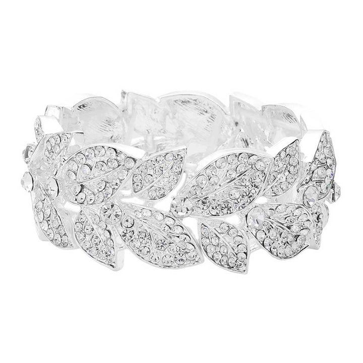 Silver Stone Paved Leaf Linked Stretch Evening Bracelet, Crafted of high-quality stones and metal alloy, this unique bracelet features intricately linked leaves, connected with a stretchable band to provide a secure fit. Accessorize your special occasion wear with this stunning design for an eye-catching look.